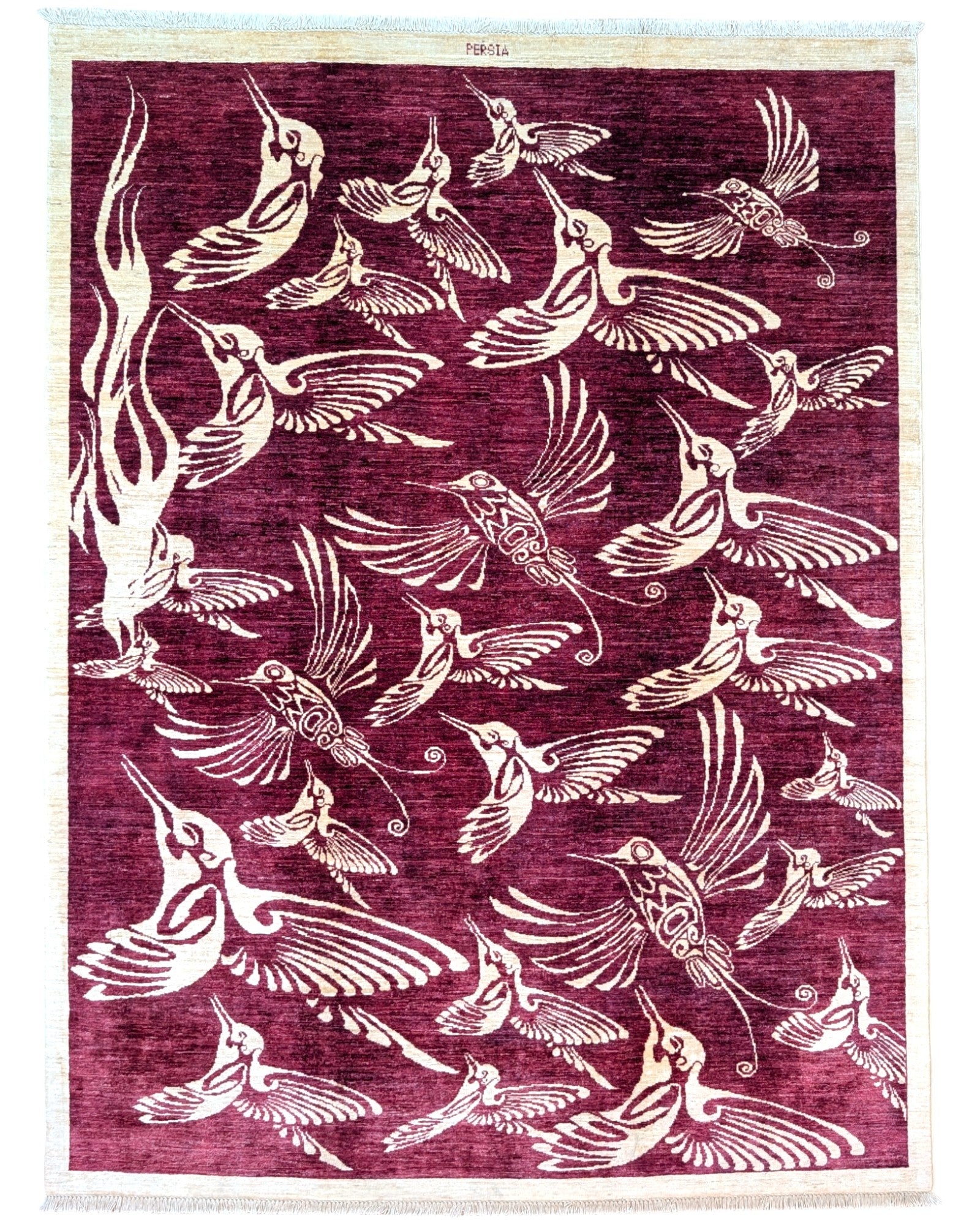Tappeto moderno 233x177 cm Persia con fondo bordeaux e motivi di uccelli in avorio, annodato a mano in lana e cotone.