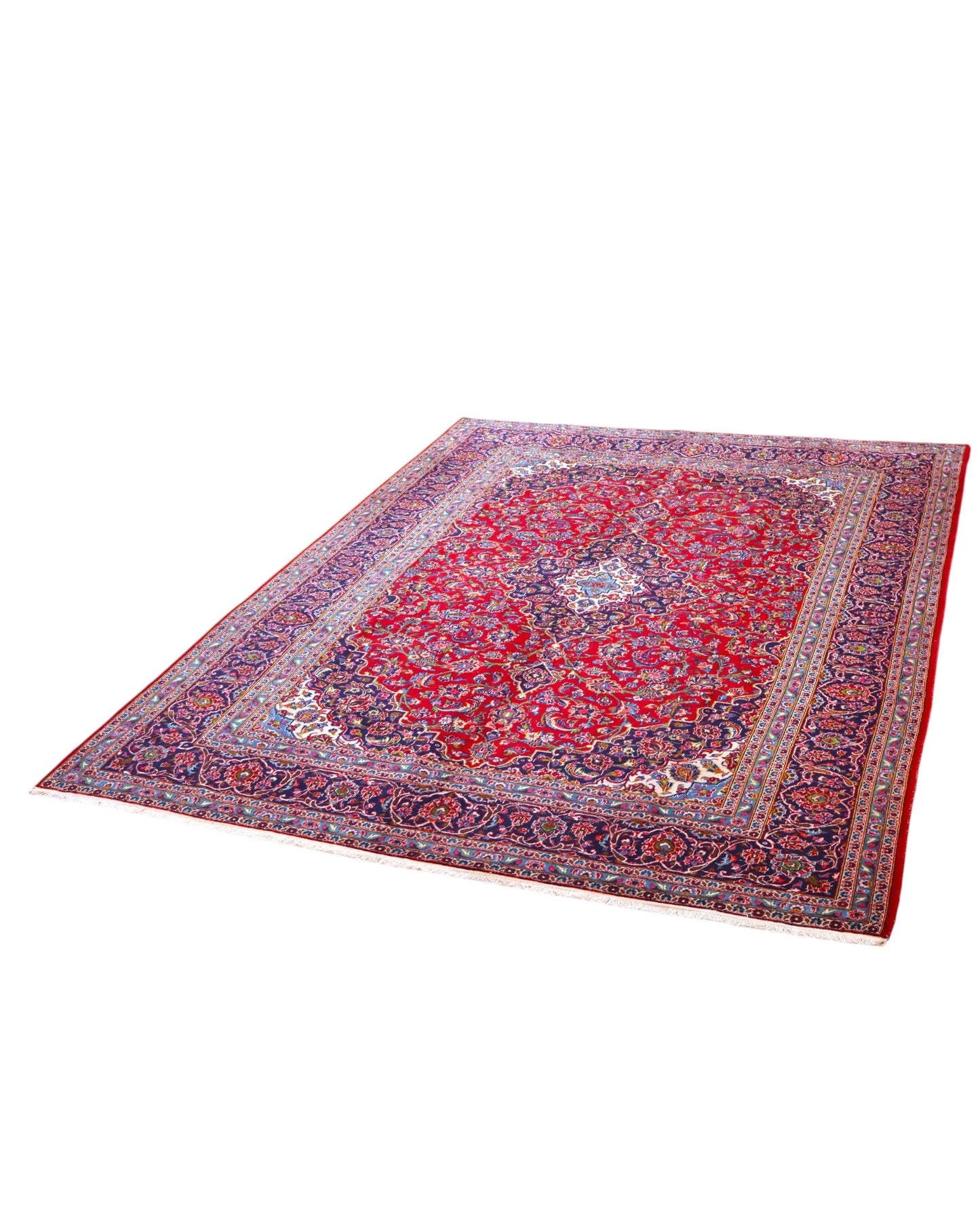 tappeto persiano Kashan annodato a mano 407x288 cm rosso rubino con medaglione centrale e motivi floreali