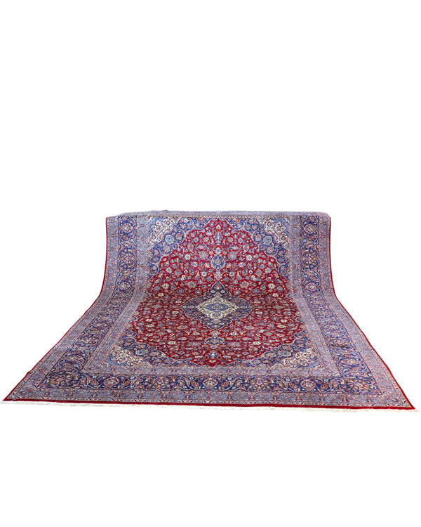 tappeto persiano Kashan annodato a mano 412x293 cm rosso con medaglione centrale e motivi floreali
