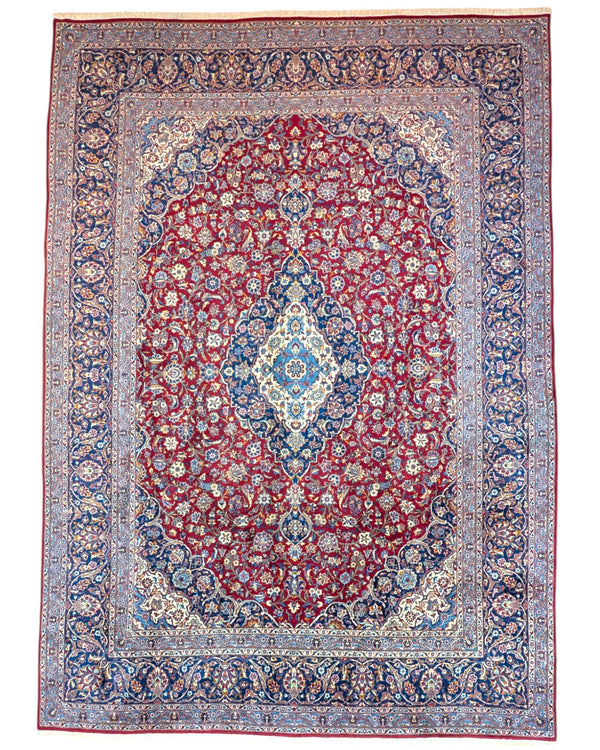 tappeto persiano Kashan annodato a mano 412x293 cm rosso con medaglione centrale e motivi floreali