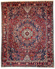 tappeto persiano annodato a mano 445x307 cm rosso intenso con motivi geometrici a rombi e fiori stilizzati