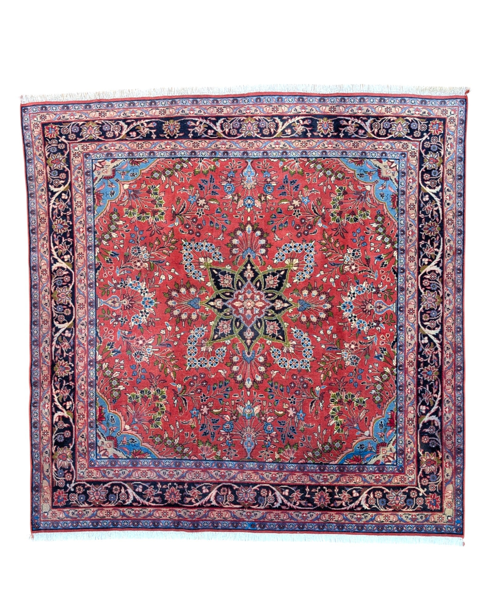 Tappeto Mehraban annodato a mano, rosso con medaglione a stella blu e avorio. Trama in cotone, vello in lana vegetale, provenienza Persia, certificato di autenticità incluso.