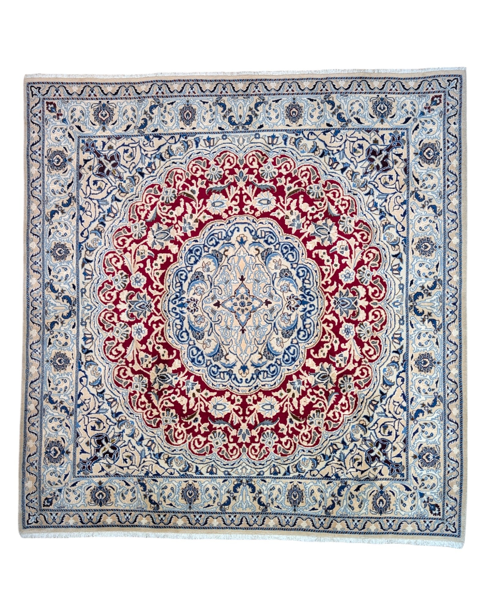 Tappeto Nain, annodato a mano, medaglione centrale con motivi floreali rossi, blu e beige. Provenienza Persia, certificato di autenticità incluso.