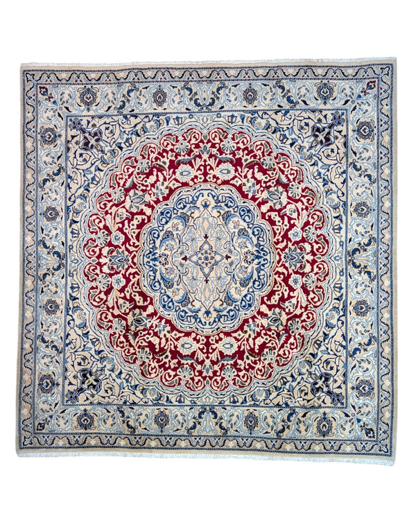 Tappeto Nain, annodato a mano, medaglione centrale con motivi floreali rossi, blu e beige. Provenienza Persia, certificato di autenticità incluso.