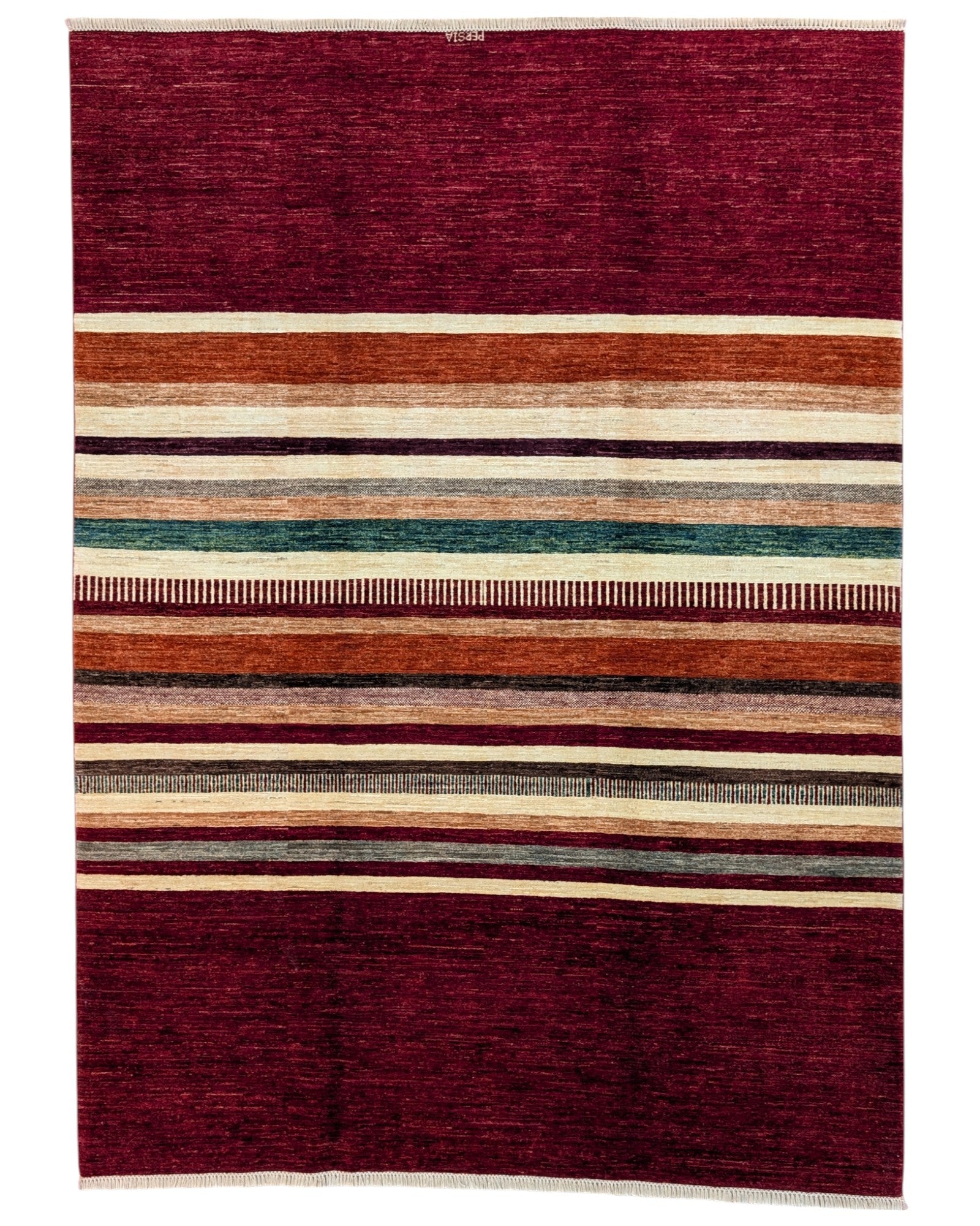 Tappeto moderno persiano “Sella di Cavallo” 240x180 cm, annodato a mano, campo a righe multicolore con rosso rubino e bordura monocromatica.