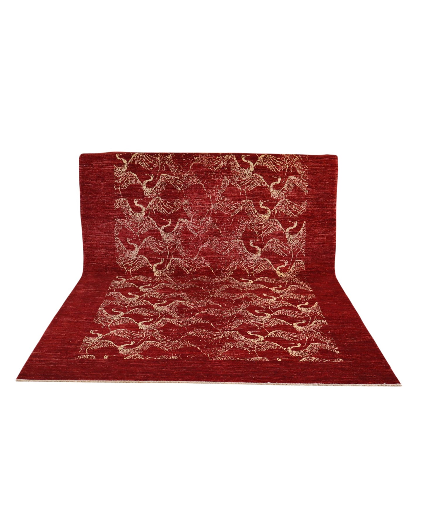 Tappeto moderno 290x206 cm Persia, fondo bordeaux con motivi di cavalli stilizzati in avorio, annodato a mano.