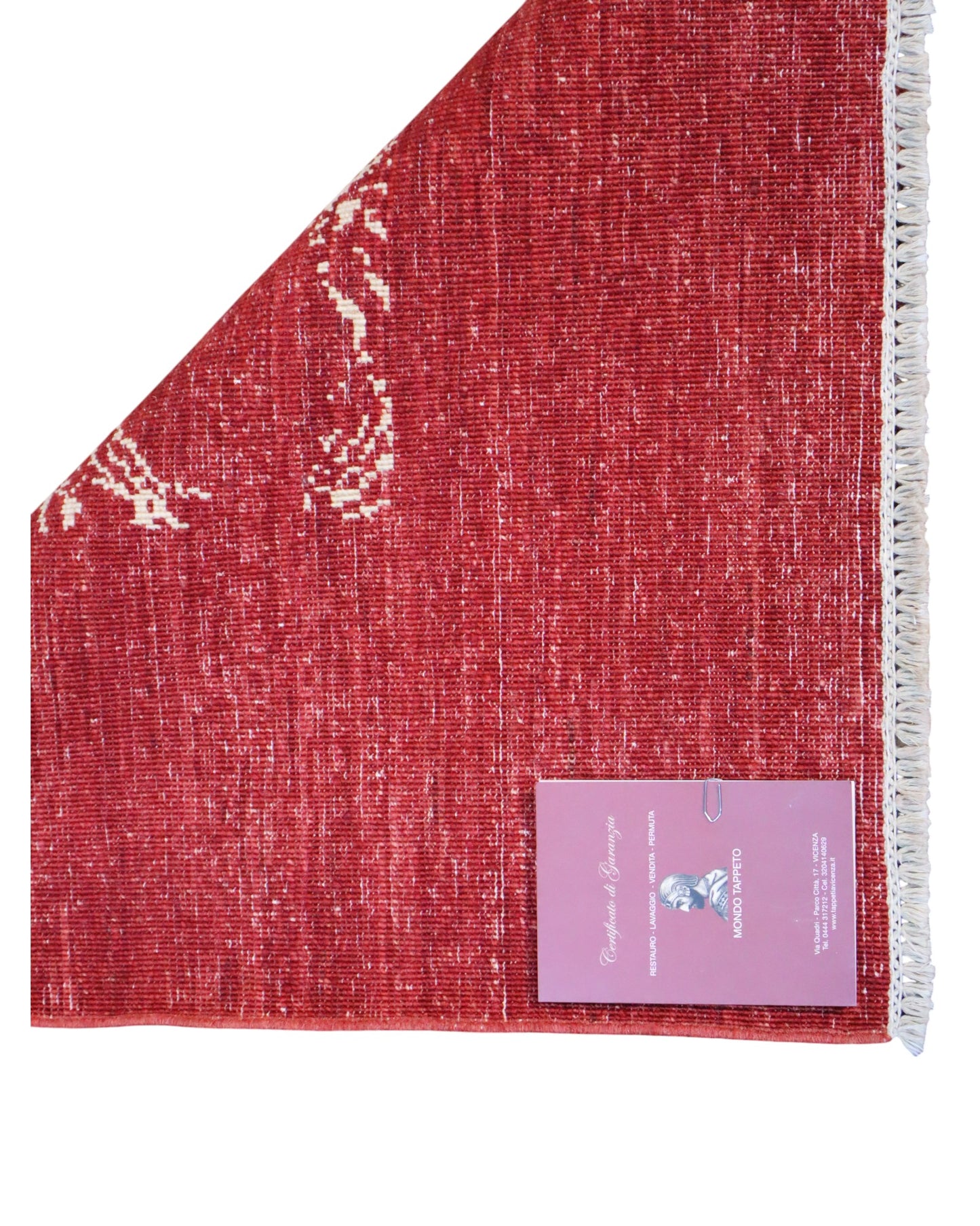 Tappeto moderno 290x206 cm Persia, fondo bordeaux con motivi di cavalli stilizzati in avorio, annodato a mano.