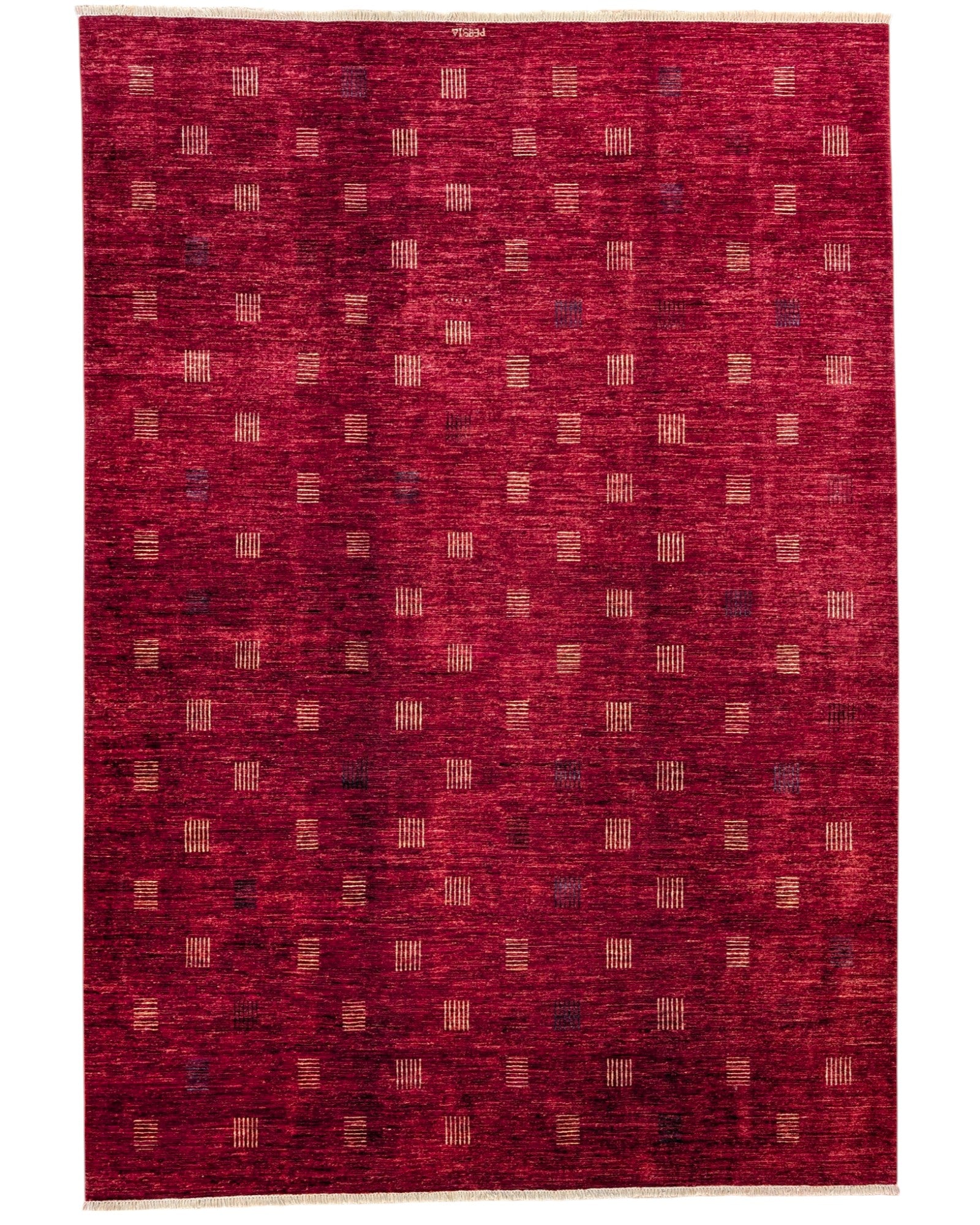 Tappeto moderno 292x205 cm Persia, fondo bordeaux con piccoli motivi geometrici tono su tono, annodato a mano.