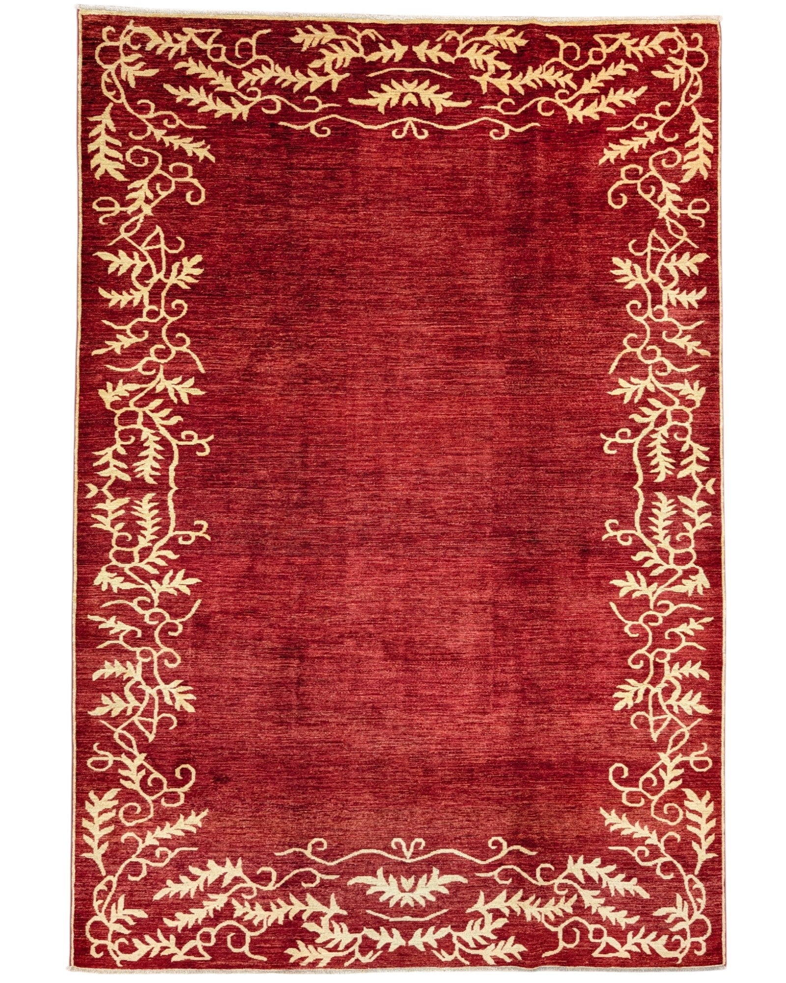 Tappeto moderno 300x205 cm Persia, fondo bordeaux con bordo floreale in avorio, annodato a mano.