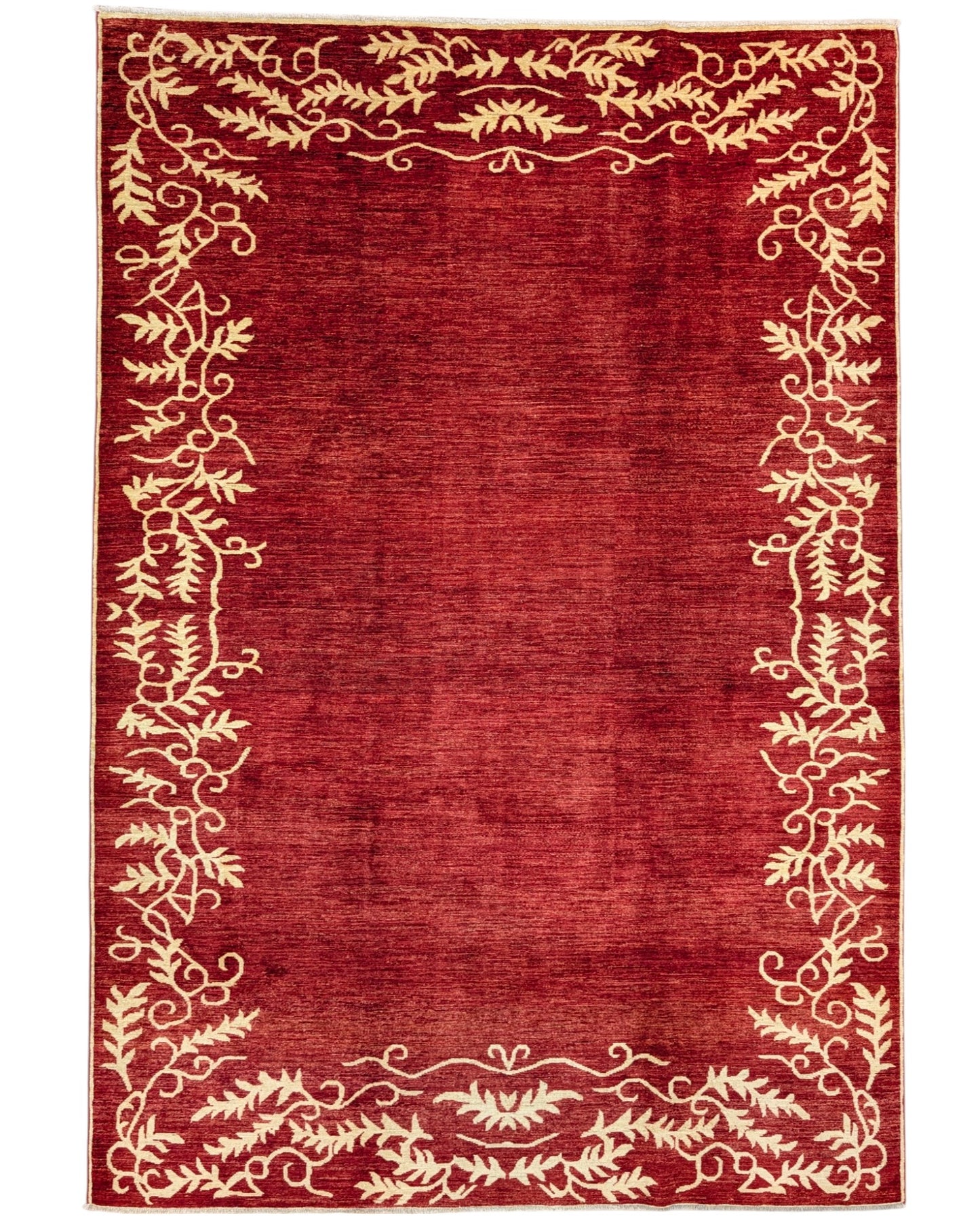 Tappeto moderno 300x205 cm Persia, fondo bordeaux con bordo floreale in avorio, annodato a mano.