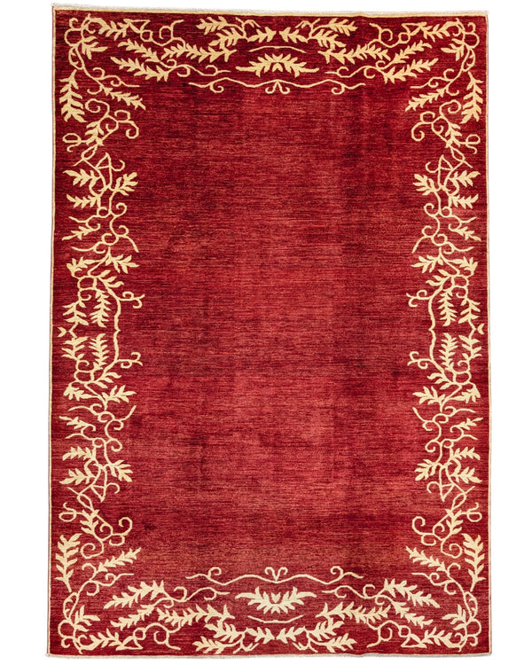 Tappeto moderno 300x205 cm Persia, fondo bordeaux con bordo floreale in avorio, annodato a mano.