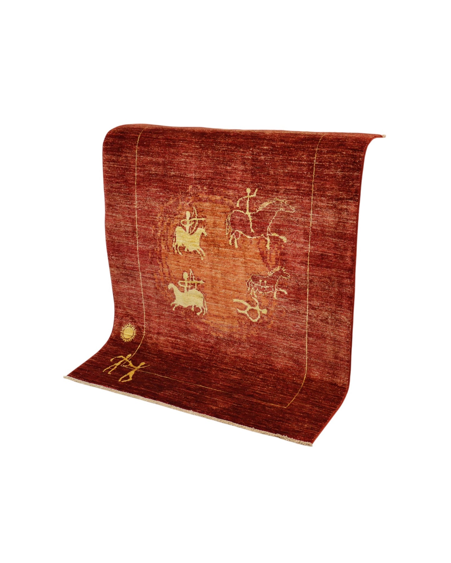 Tappeto moderno “Eco di Antiche Montagne” 151x115 cm di Dario, annodato a mano, figure stilizzate chiare su fondo bordeaux, lana tinta vegetale, pezzo unico con certificato.