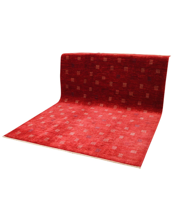 Tappeto moderno 292x205 cm Persia, fondo bordeaux con piccoli motivi geometrici tono su tono, annodato a mano.