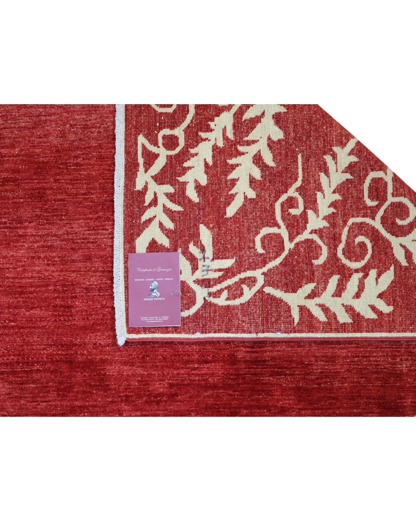 Tappeto moderno 300x205 cm Persia, fondo bordeaux con bordo floreale in avorio, annodato a mano.