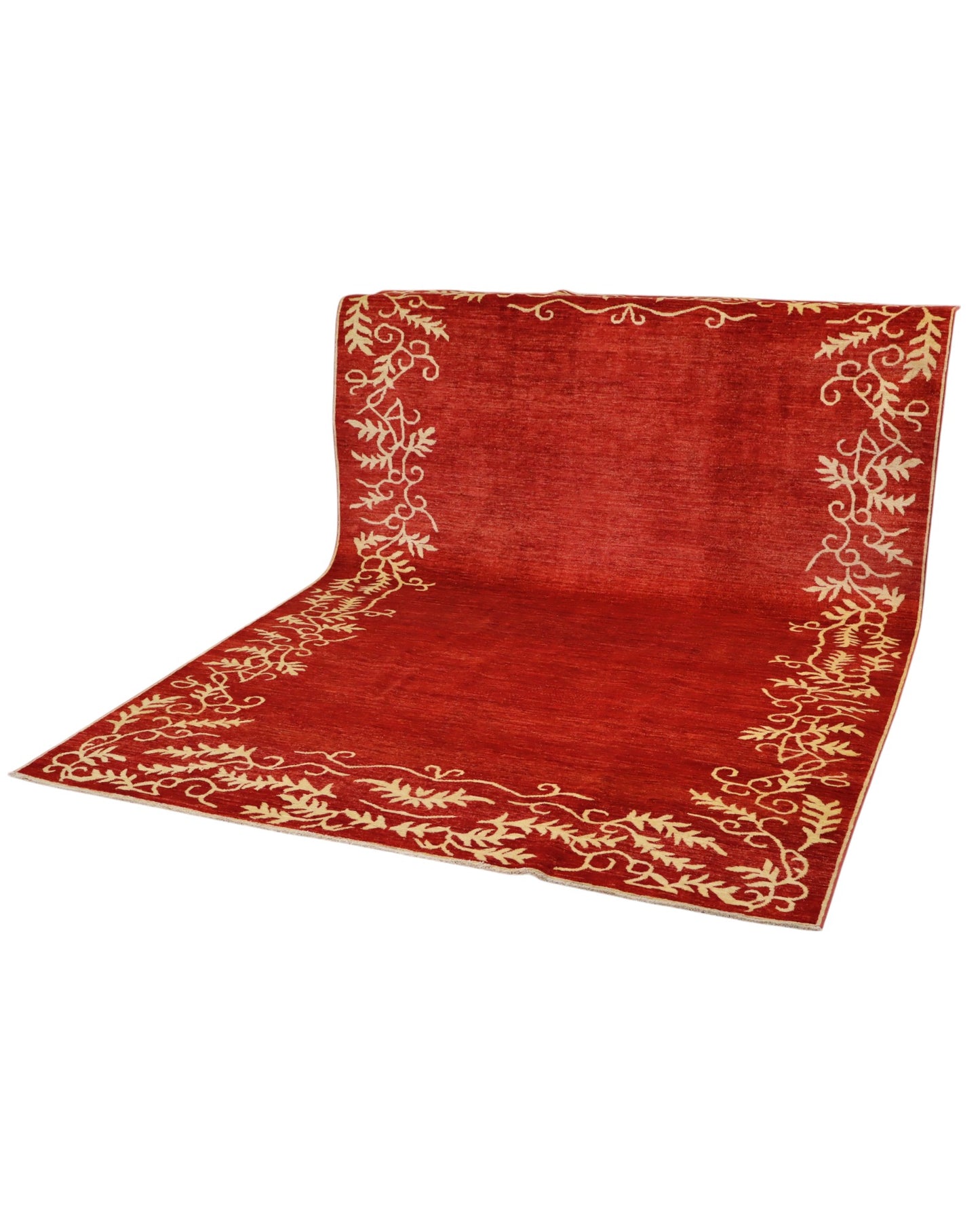 Tappeto moderno 300x205 cm Persia, fondo bordeaux con bordo floreale in avorio, annodato a mano.
