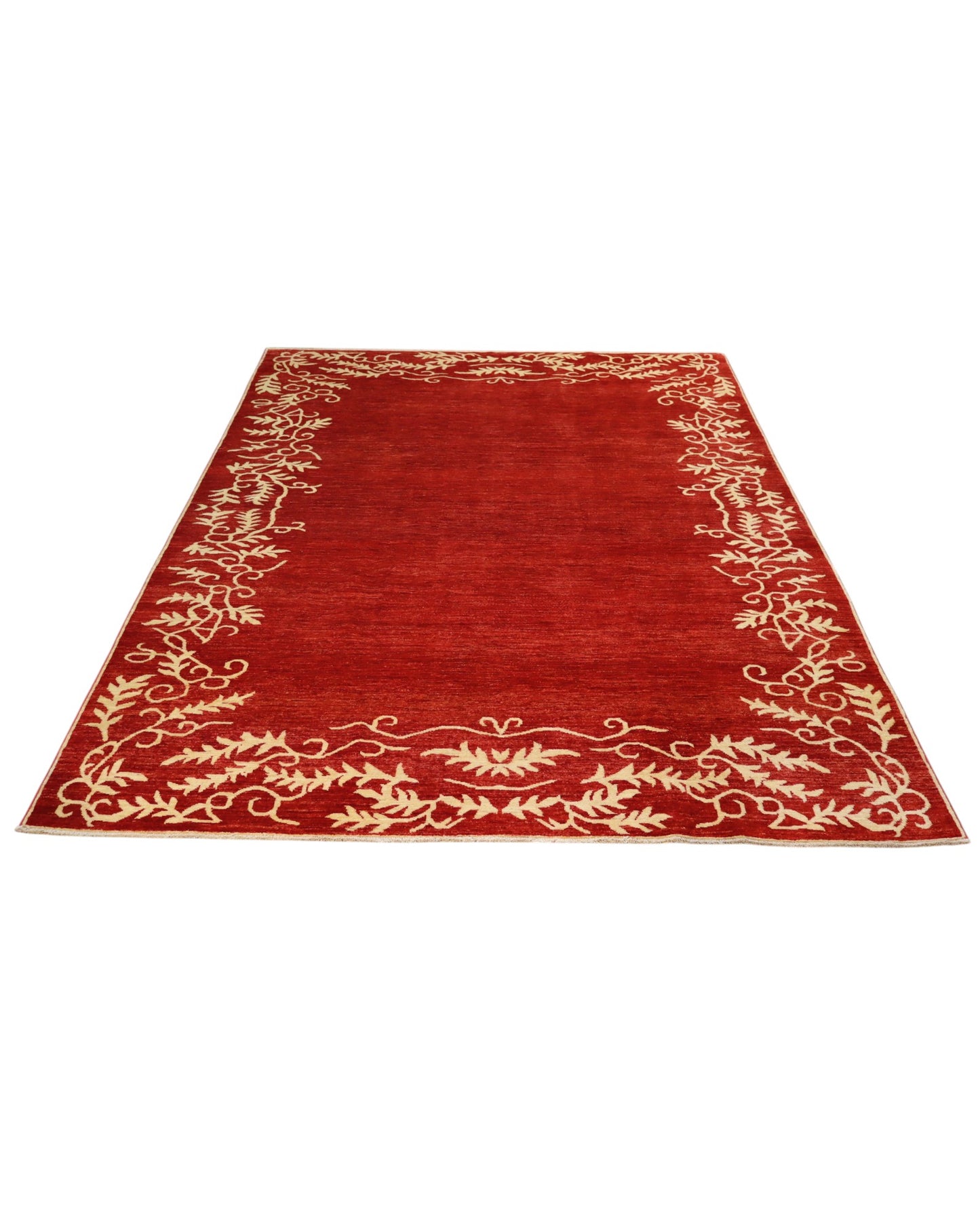 Tappeto moderno 300x205 cm Persia, fondo bordeaux con bordo floreale in avorio, annodato a mano.