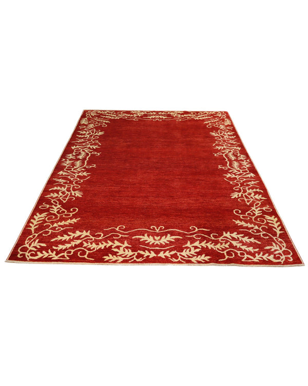 Tappeto moderno 300x205 cm Persia, fondo bordeaux con bordo floreale in avorio, annodato a mano.