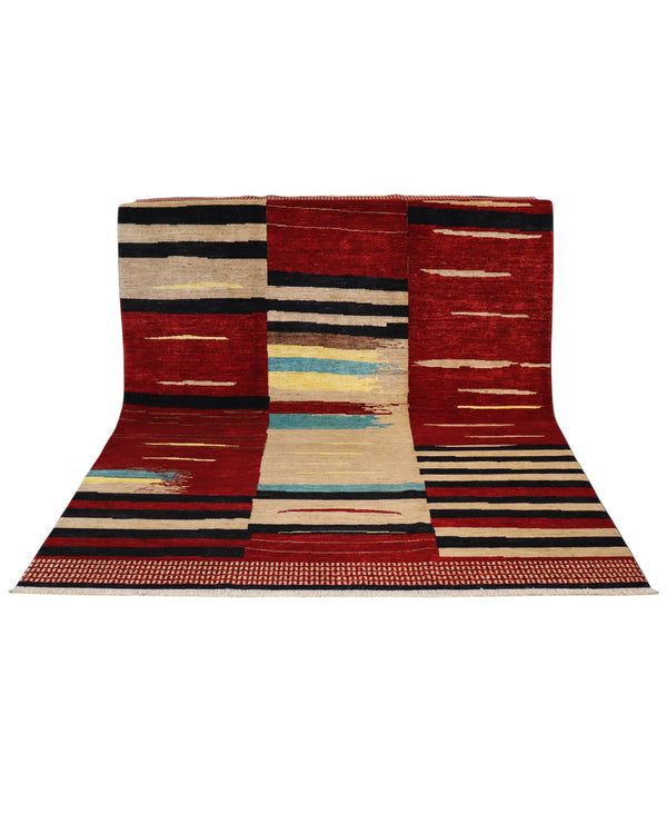 Tappeto moderno 300x200 cm Persia con design astratto rosso, nero, beige, giallo e azzurro, annodato a mano in lana naturale.