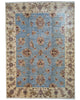 Tappeto Farahan 246x176 cm, annodato a mano in Persia, fondo azzurro con motivi floreali in rosso e marrone, lana pregiata e cotone resistente, certificato di autenticità incluso.