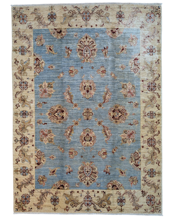 Tappeto Farahan 246x176 cm, annodato a mano in Persia, fondo azzurro con motivi floreali in rosso e marrone, lana pregiata e cotone resistente, certificato di autenticità incluso.