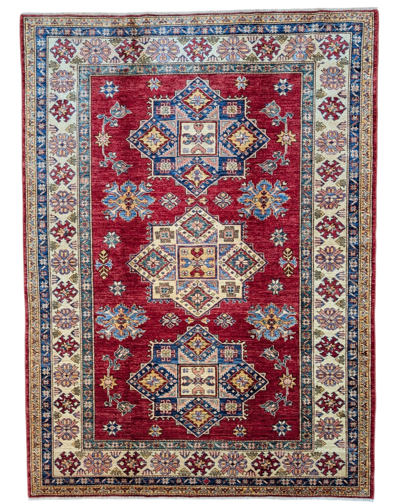 Tappeto Shirvan 174x238 cm, annodato a mano in Afghanistan, fondo rosso con motivi geometrici beige e marrone, lana pregiata e cotone resistente, certificato di autenticità incluso.