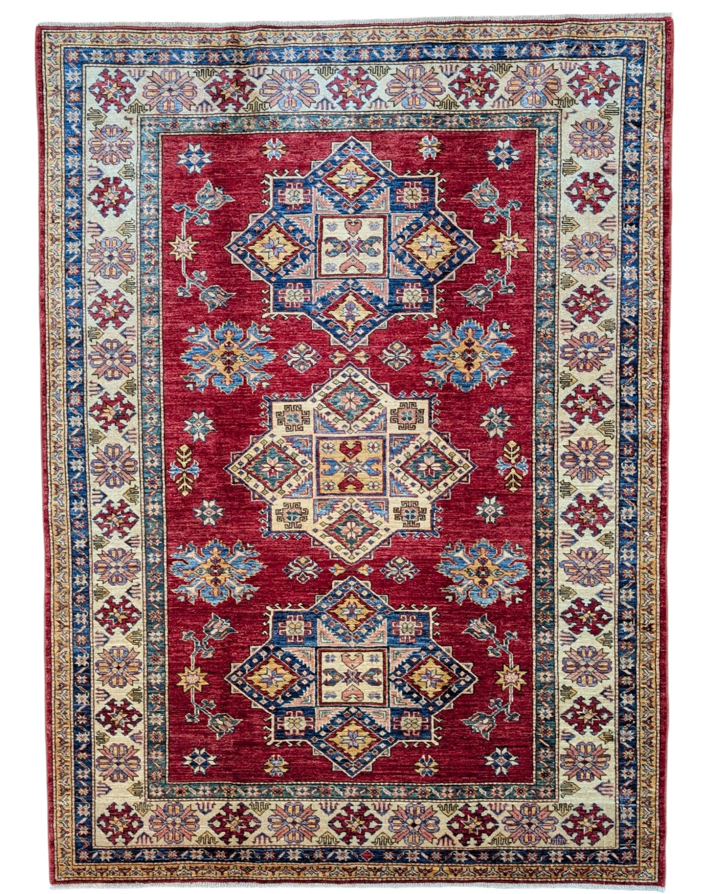 Tappeto Shirvan 174x238 cm, annodato a mano in Afghanistan, fondo rosso con motivi geometrici beige e marrone, lana pregiata e cotone resistente, certificato di autenticità incluso.