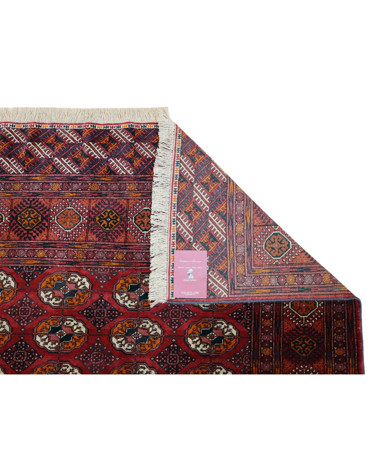 “Tappeto Bukhara Russo 250x164 cm, annodato a mano con design in rosso rubino e motivi geometrici. Certificato di autenticità incluso.”
