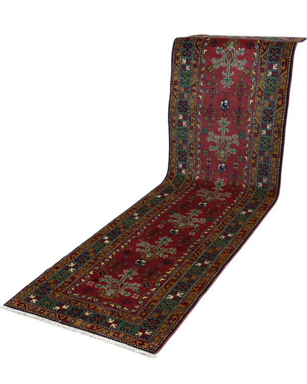 Passatoia Turca tradizionale, rosso mattone e verde con motivi geometrici, annodato a mano, 279x80 cm.