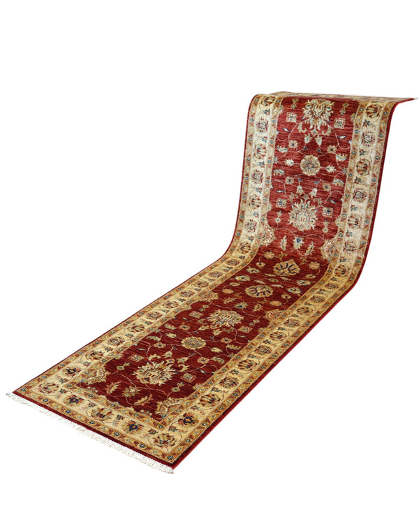 Passatoia Farahan afgana, bordeaux e beige con motivo floreale stilizzato e simmetrico, annodato a mano, 309x85 cm.