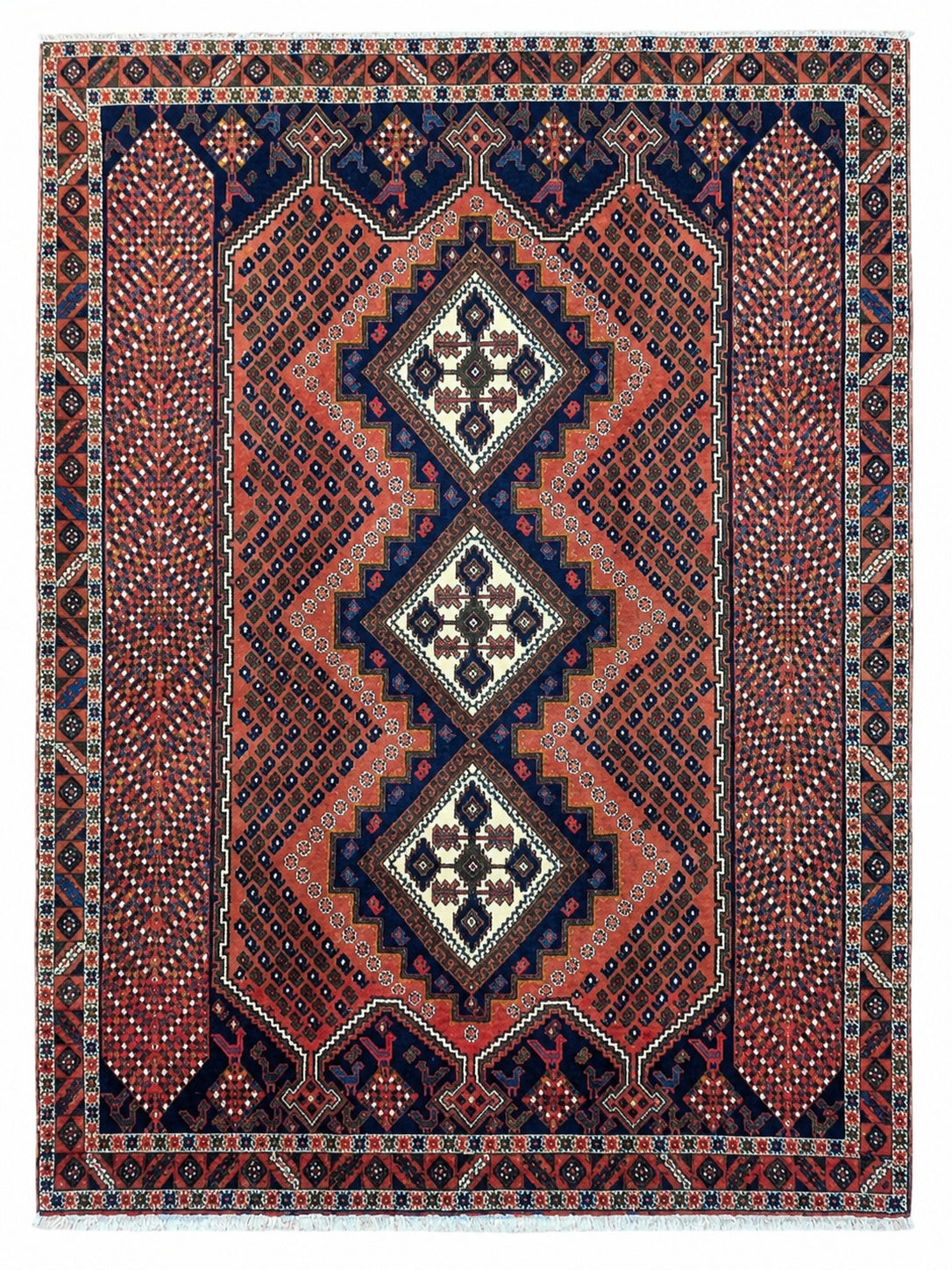 Tappeto Persiano Afshari 231x168 cm Rosso Terracotta e Blu Geometrico