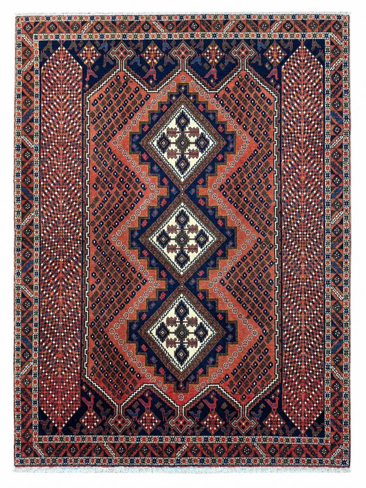 Tappeto Persiano Afshari 231x168 cm Rosso Terracotta e Blu Geometrico