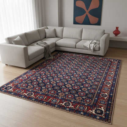 "Tappeto Varamin persiano blu con motivo mina-khani e cornice rossa, 325x215 cm."
