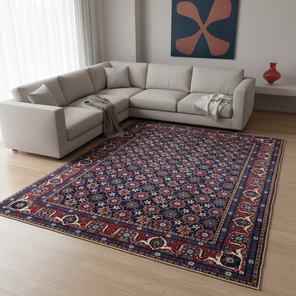 "Tappeto Varamin persiano blu con motivo mina-khani e cornice rossa, 325x215 cm."
