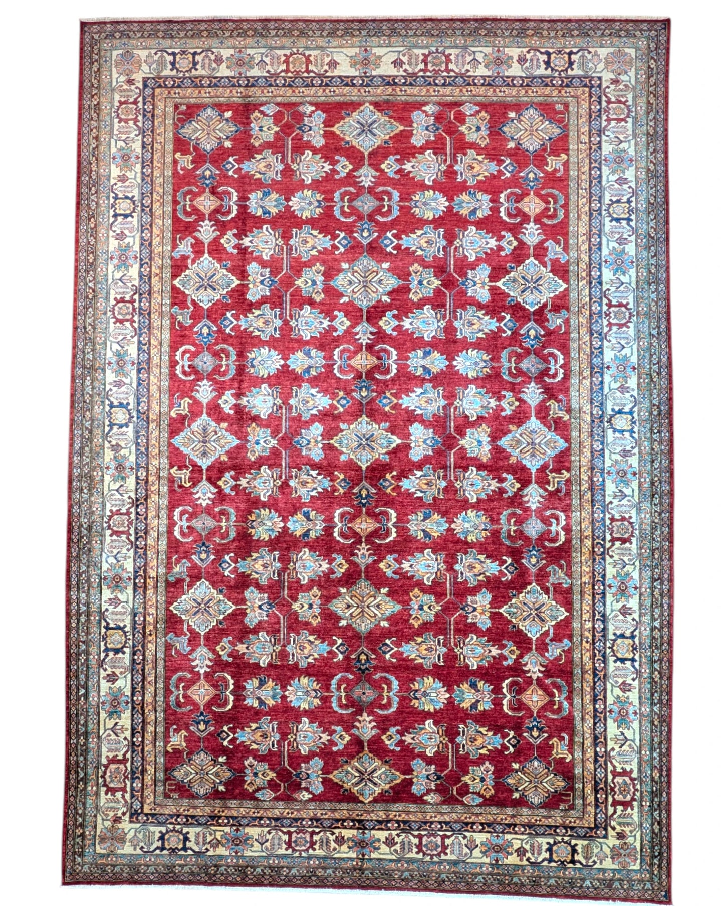 Tappeto Kazak 445x307 cm afghano, annodato a mano, con fondo rosso e motivi geometrici in azzurro, avorio e oro.