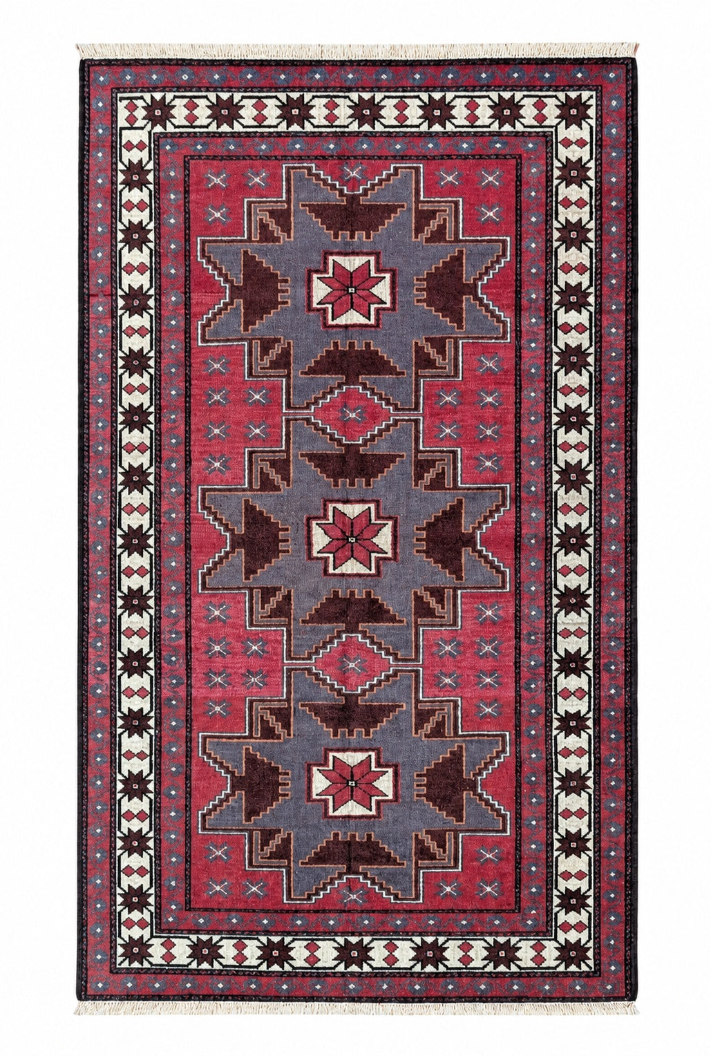 Tappeto Kazak 181x113 cm Rosso Blu e Avorio Geometrico