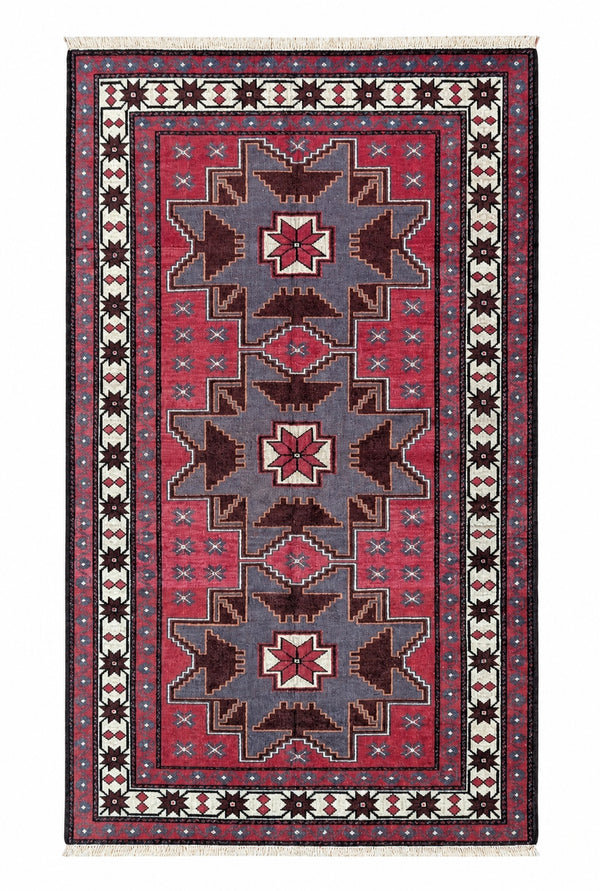 Tappeto Kazak 181x113 cm Rosso Blu e Avorio Geometrico