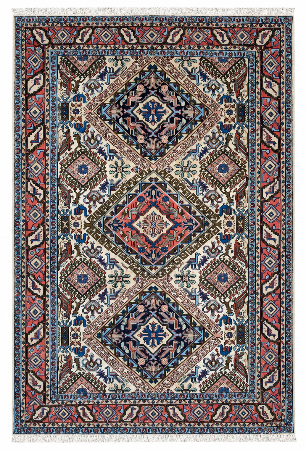 Tappeto Persiano Ardebil 194x133 cm Avorio Blu e Rosa Geometrico