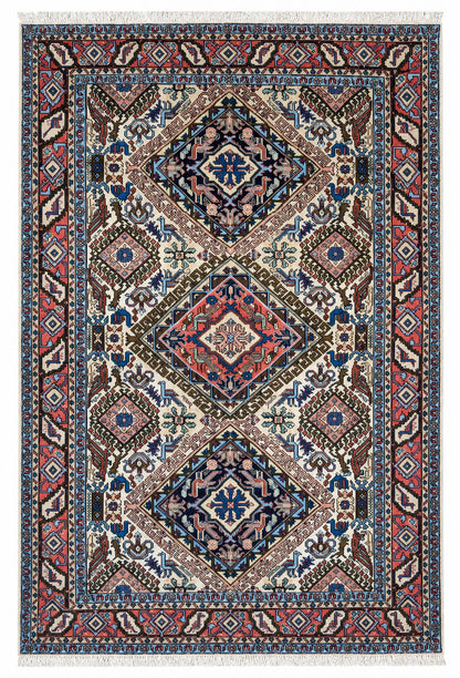 Tappeto Persiano Ardebil 194x133 cm Avorio Blu e Rosa Geometrico