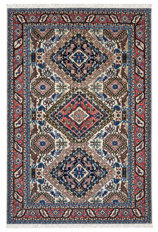 Tappeto Persiano Ardebil 194x133 cm Avorio Blu e Rosa Geometrico