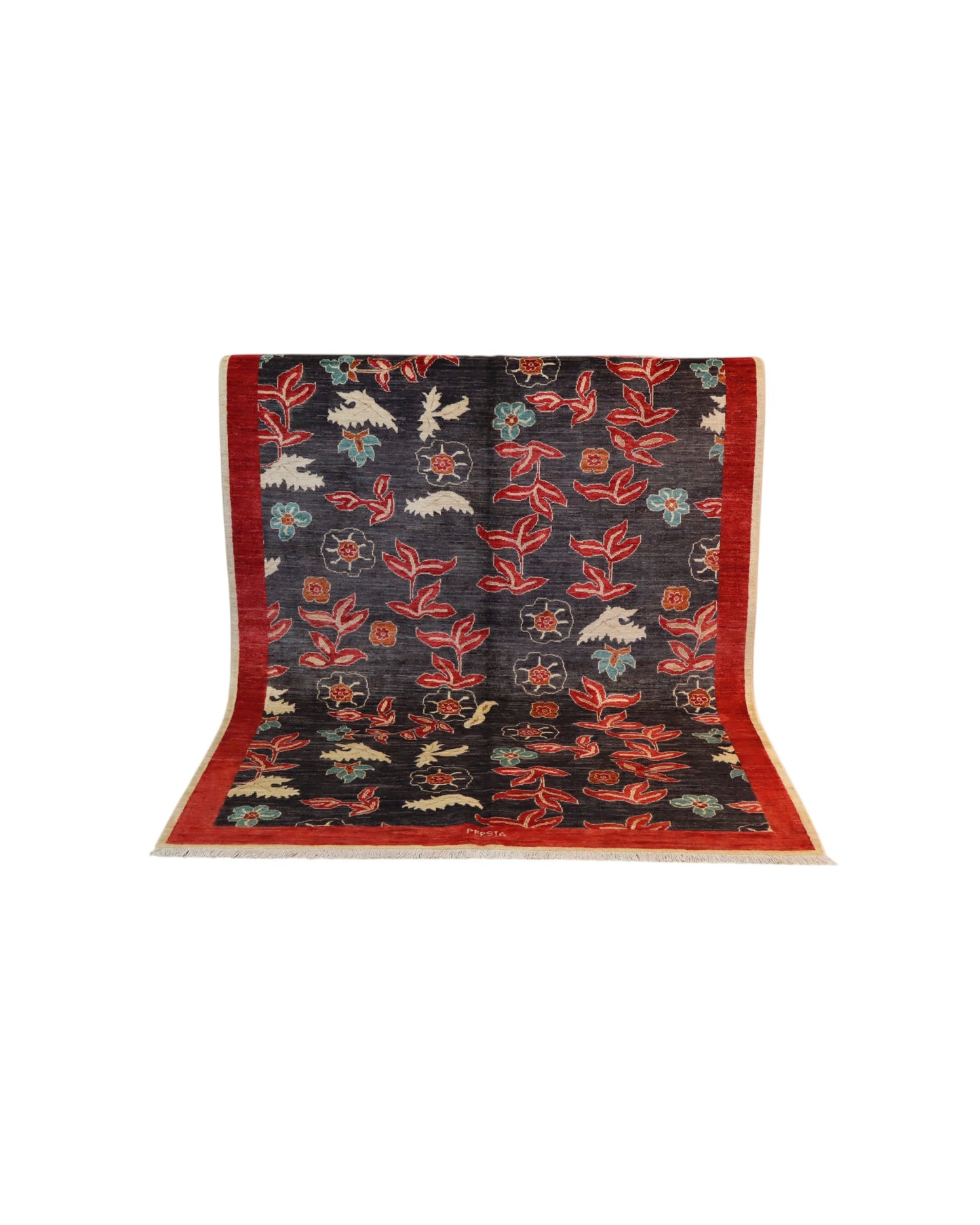 Tappeto moderno Persia 196x147 cm, fondo blu con fiori rossi e azzurri, bordo rosso, annodato a mano.