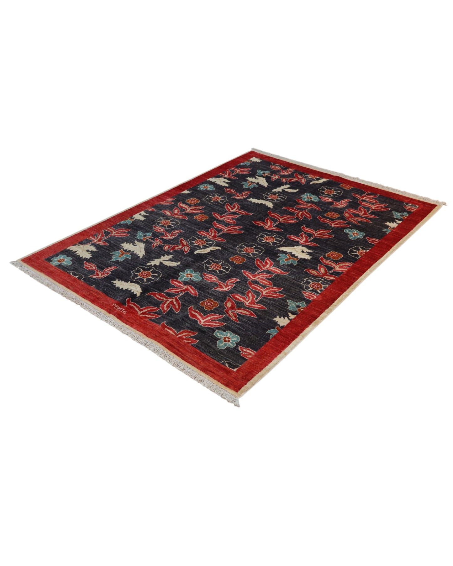Tappeto moderno Persia 196x147 cm, fondo blu con fiori rossi e azzurri, bordo rosso, annodato a mano.