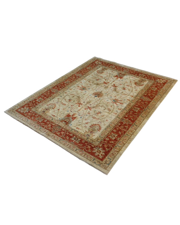 Tappeto Ziegler Farahan 191x153cm annodato a mano con campo beige e bordura rosso mattone decorata da motivi floreali.