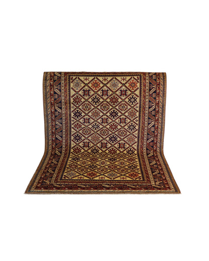 Tappeto Shirvan 198x146 cm, annodato a mano, lana e colori vegetali, motivi geometrici a rombi, artigianato caucasico.