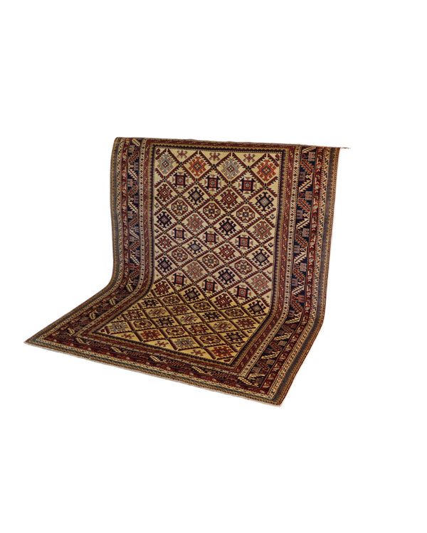 Tappeto Shirvan 198x146 cm, annodato a mano, lana e colori vegetali, motivi geometrici a rombi, artigianato caucasico.