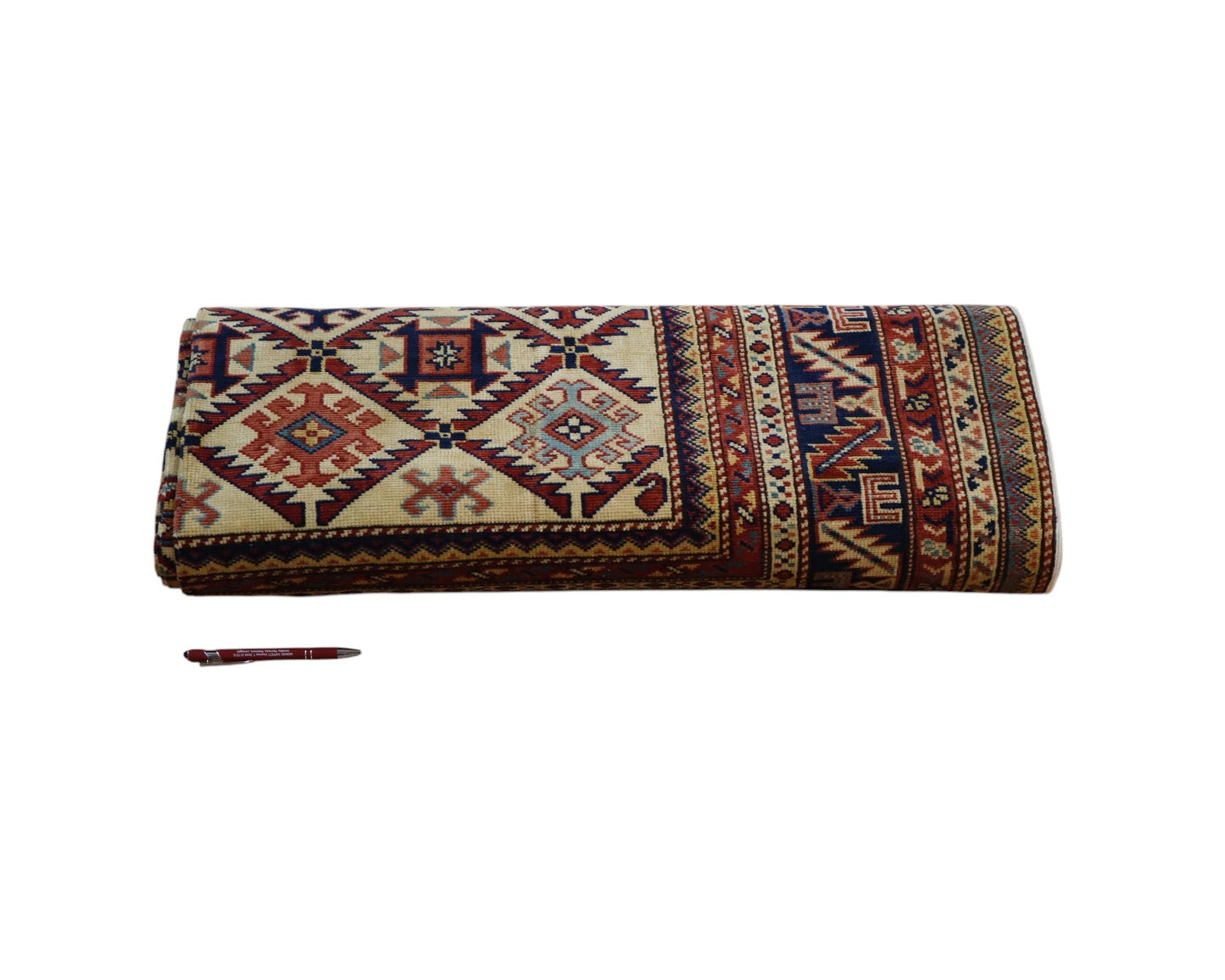 Tappeto Shirvan 198x146 cm, annodato a mano, lana e colori vegetali, motivi geometrici a rombi, artigianato caucasico.