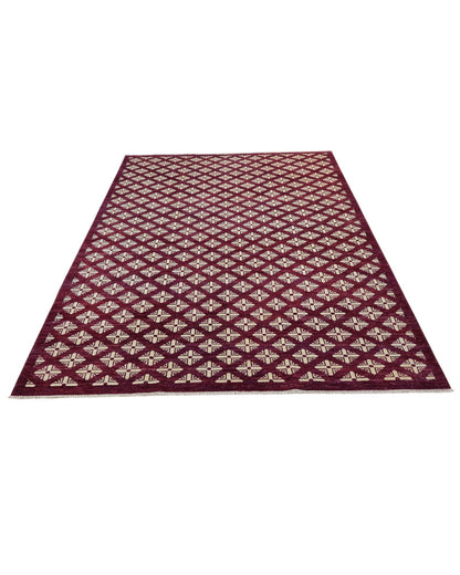 Tappeto moderno 295x199 cm Persia con motivi geometrici a rombi avorio su fondo bordeaux, annodato a mano in lana naturale.