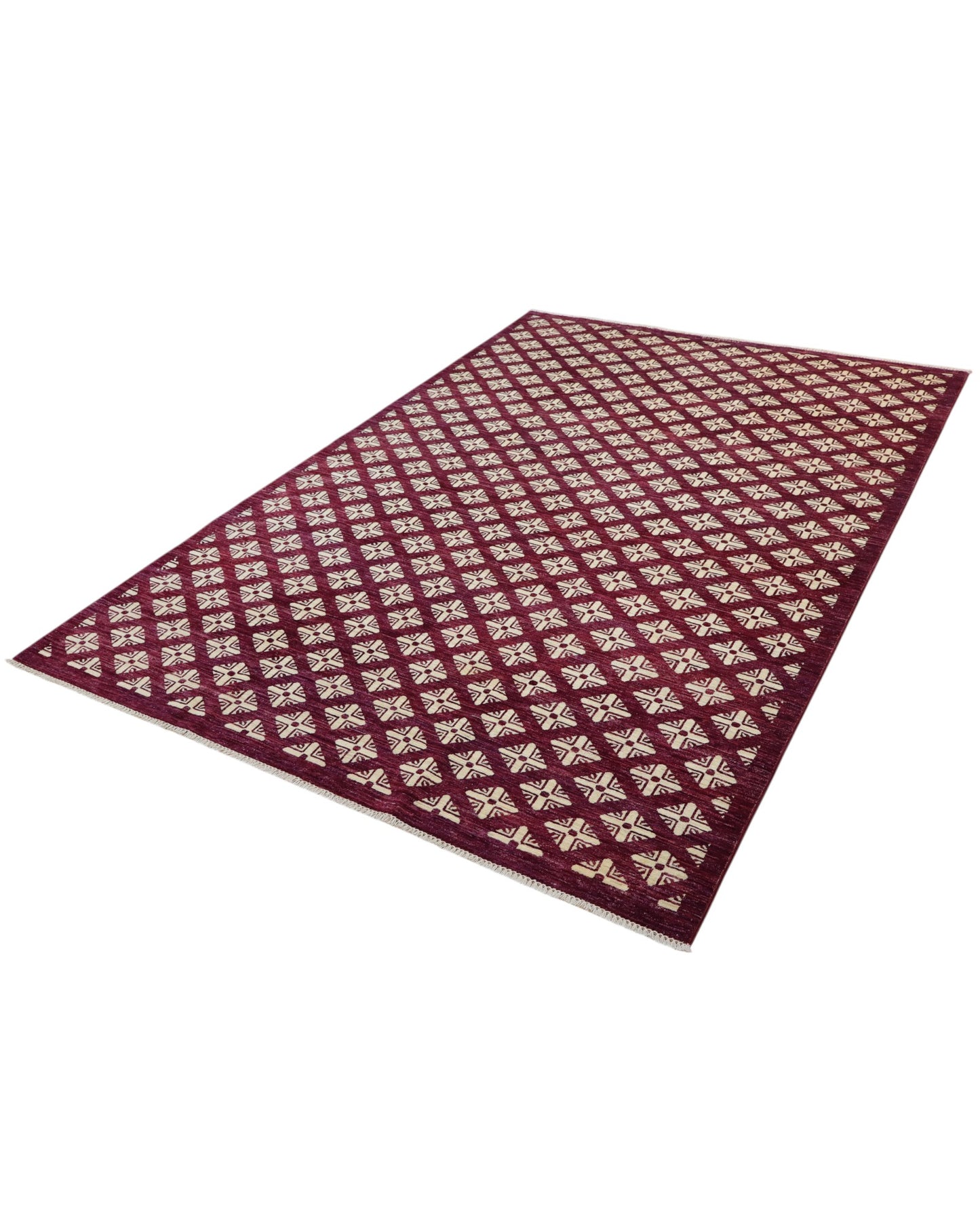 Tappeto moderno 295x199 cm Persia con motivi geometrici a rombi avorio su fondo bordeaux, annodato a mano in lana naturale.