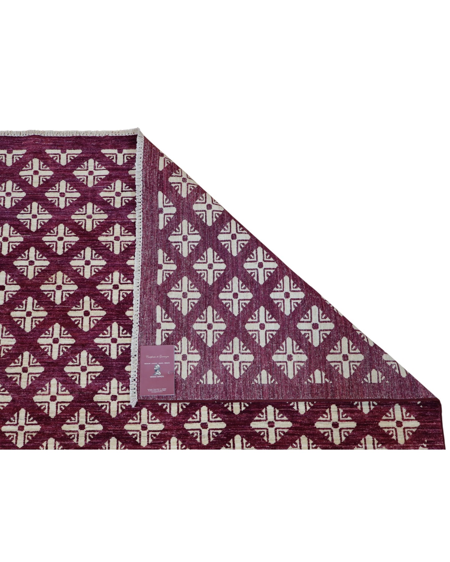 Tappeto moderno 295x199 cm Persia con motivi geometrici a rombi avorio su fondo bordeaux, annodato a mano in lana naturale.
