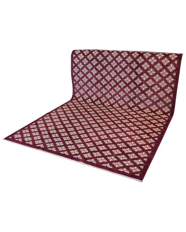 Tappeto moderno 295x199 cm Persia con motivi geometrici a rombi avorio su fondo bordeaux, annodato a mano in lana naturale.