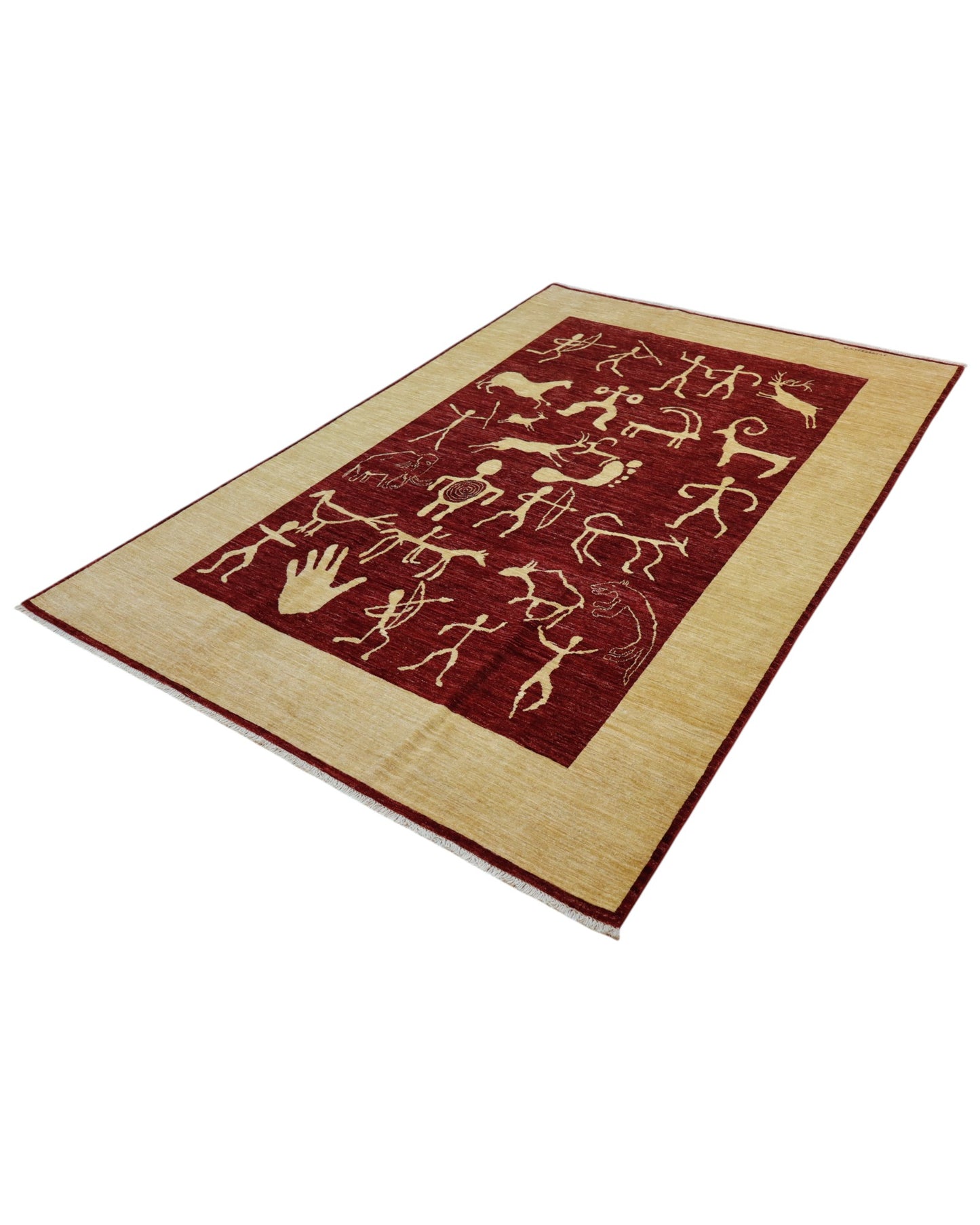 Tappeto moderno “Eco di Civiltà Antiche” di Darios (300x196 cm), annodato a mano. Campo bordeaux con simboli stilizzati color crema, bordura beige, lana tinta vegetale. Certificato incluso.